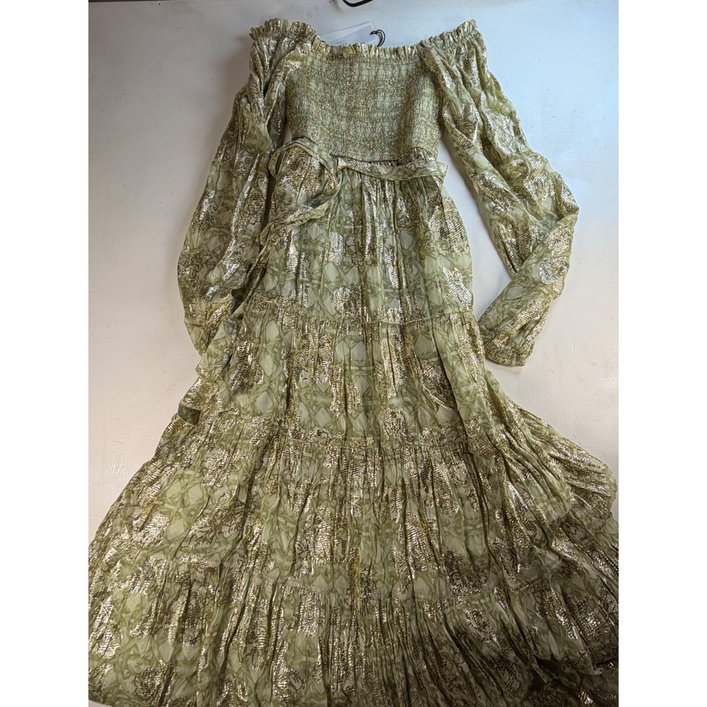 A Loves A Maxi Dress Womens Small Sage Gold Y2K Boho Smocked Metallic Floral